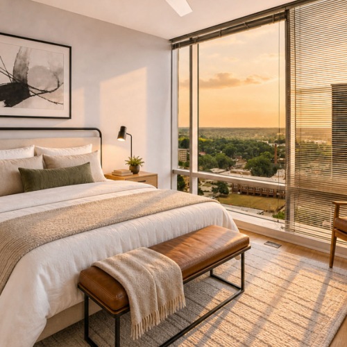 bedroom with bed and wall-sized window
