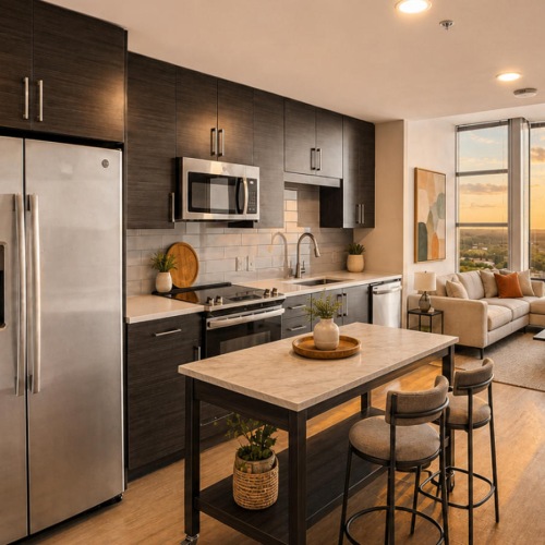 kitchen with black cabinets and kitchen island